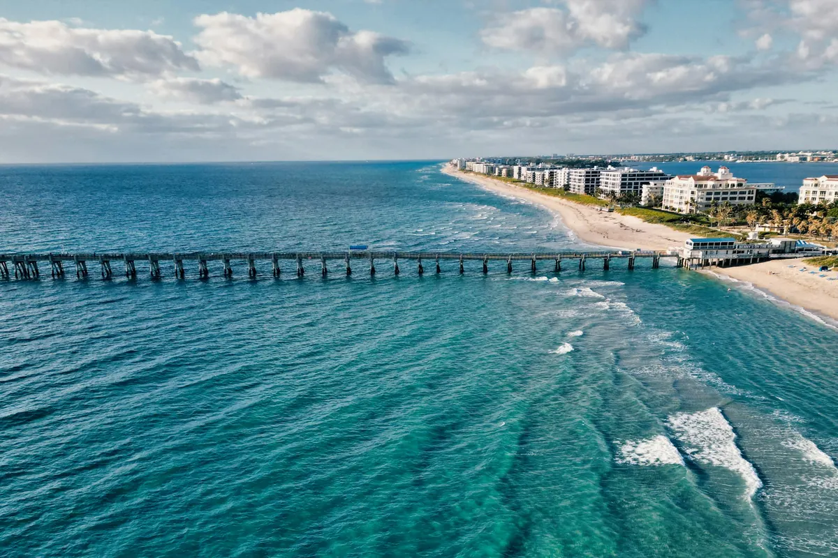 Palm Beach shoreline and pier from the air